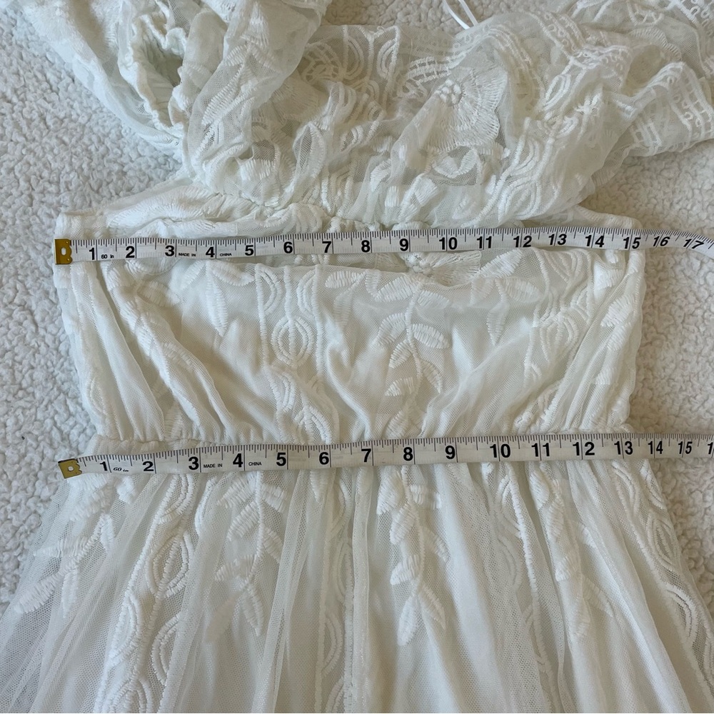 White Boho Lace Off Shoulder Maxi Dress Embroidered Romantic Coastal Medium - Picture 13 of 16